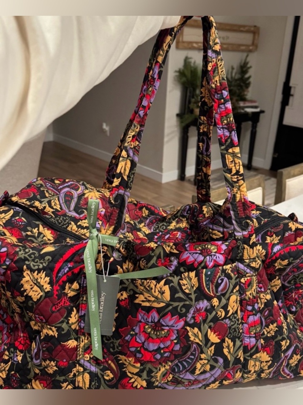 Vera Bradley Black Floral Quilted Travel Duffel with Red, Purple & Gold Accents